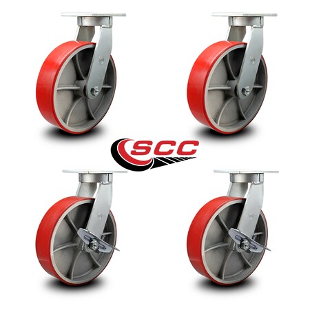 Service Caster 12 Inch Heavy Duty Red Poly on Cast Iron Wheel Swivel Caster Set with 2 Brakes SCC-KP92S1230-PUR-RS-2-SLB-2